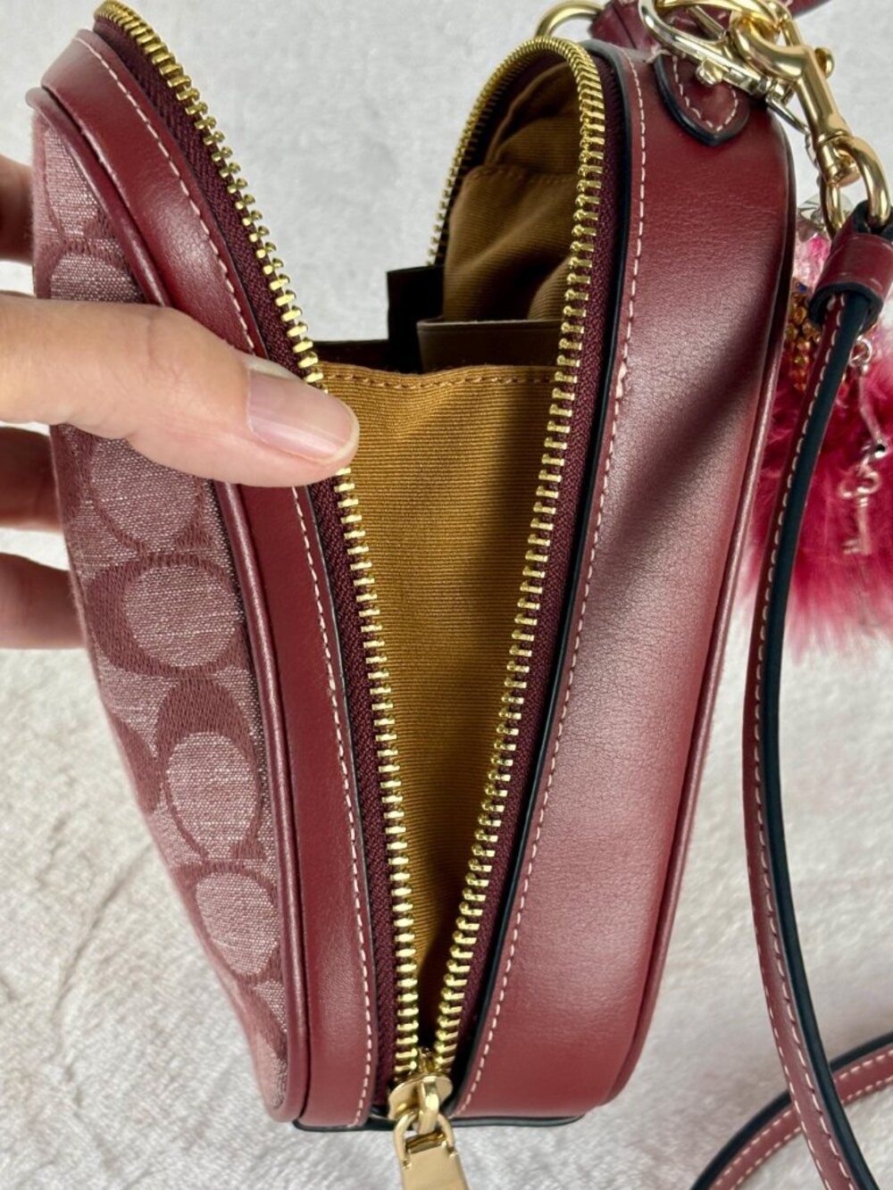 Coach Eva Phone Crossbody in Signature Chambray and Leather in Wine with Charm - Picture 10 of 16